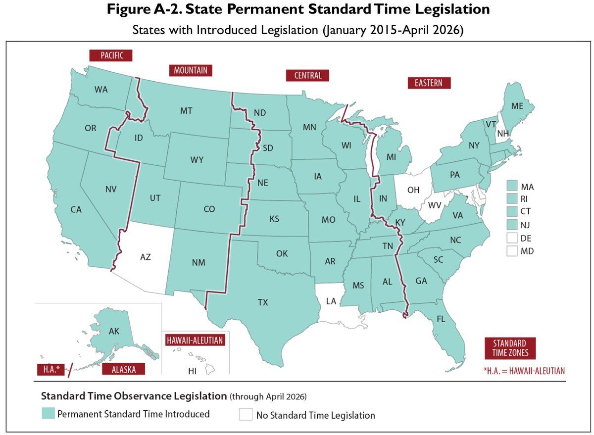 CRS map of states that introduced permanent standard time bills between January 2015 and April 2026