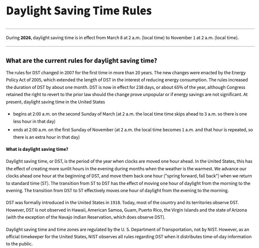 NIST Daylight Saving Time Rules page stating that in 2026 DST runs from March 8 to November 1 at 2 a.m. local time