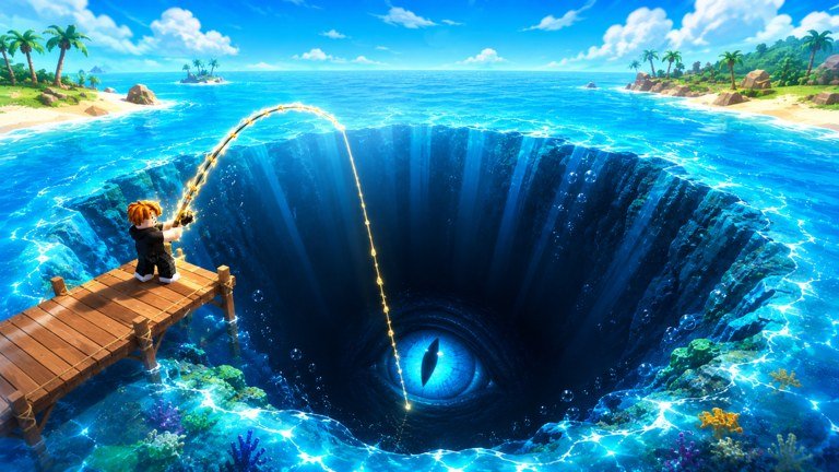 A player fishing over a deep blue hole in Deep Fishing