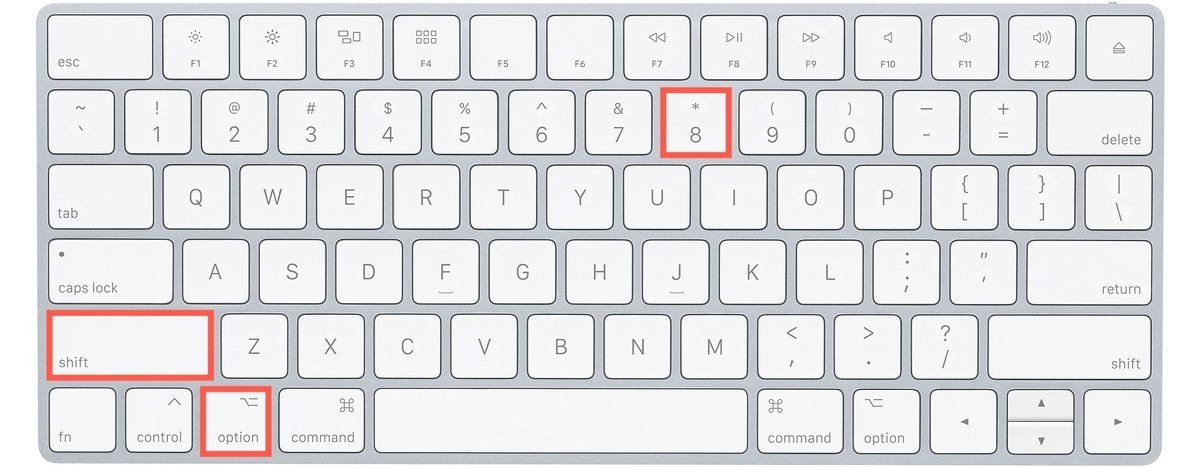 Mac keyboard layout with the Shift, Option and 8 keys highlighted