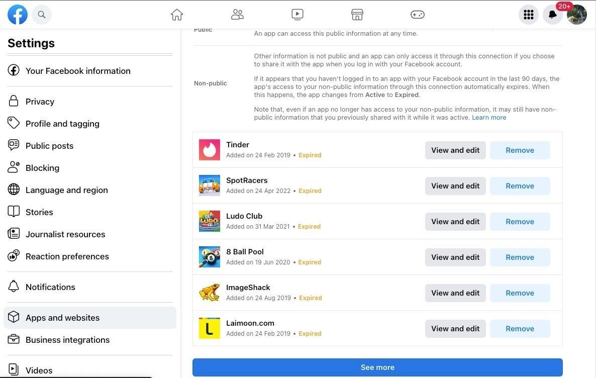 Facebook Apps and websites settings listing connected apps with View and edit and Remove buttons