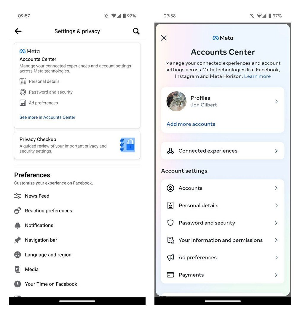 Facebook Settings and privacy screen with the Meta Accounts Center card, next to the Accounts Center menu listing Personal details