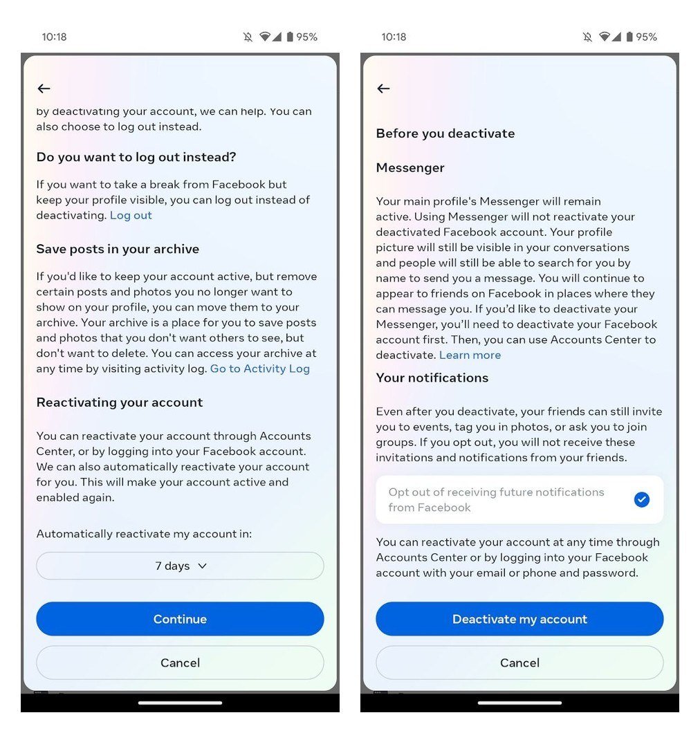 Facebook deactivation screens offering automatic reactivation after 7 days and explaining that Messenger stays active