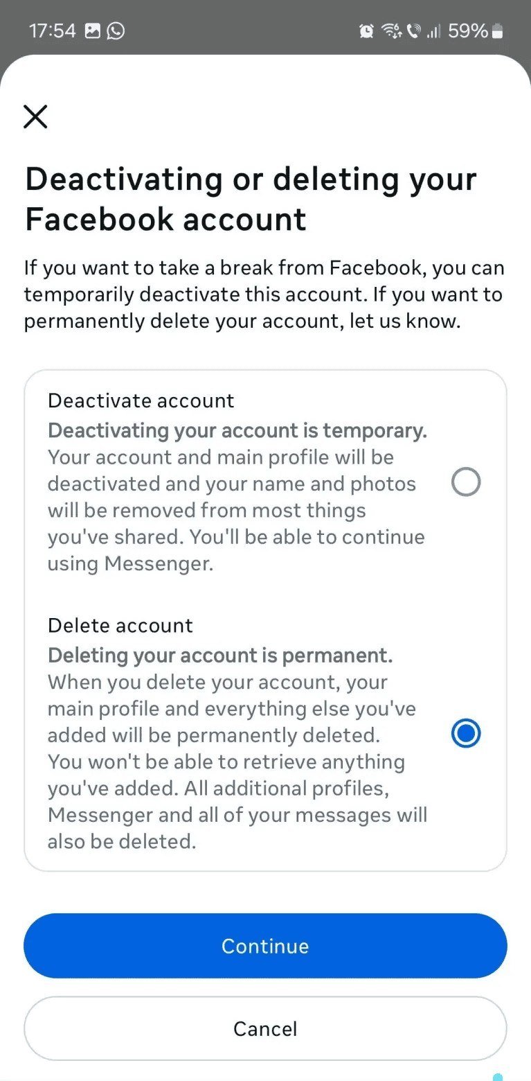 Deactivating or deleting your Facebook account screen on Android with Delete account selected above the Continue button