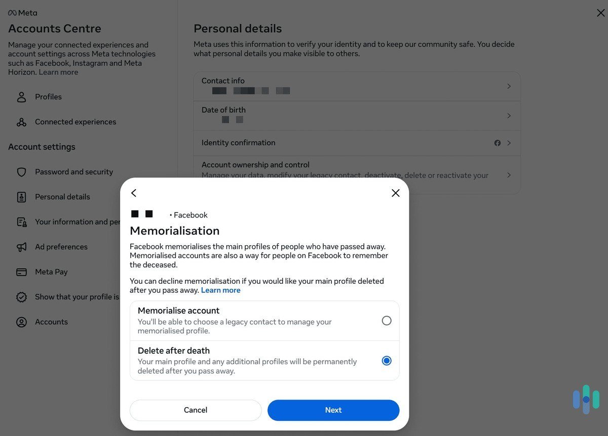Accounts Center Memorialization dialog with the Delete after death option selected