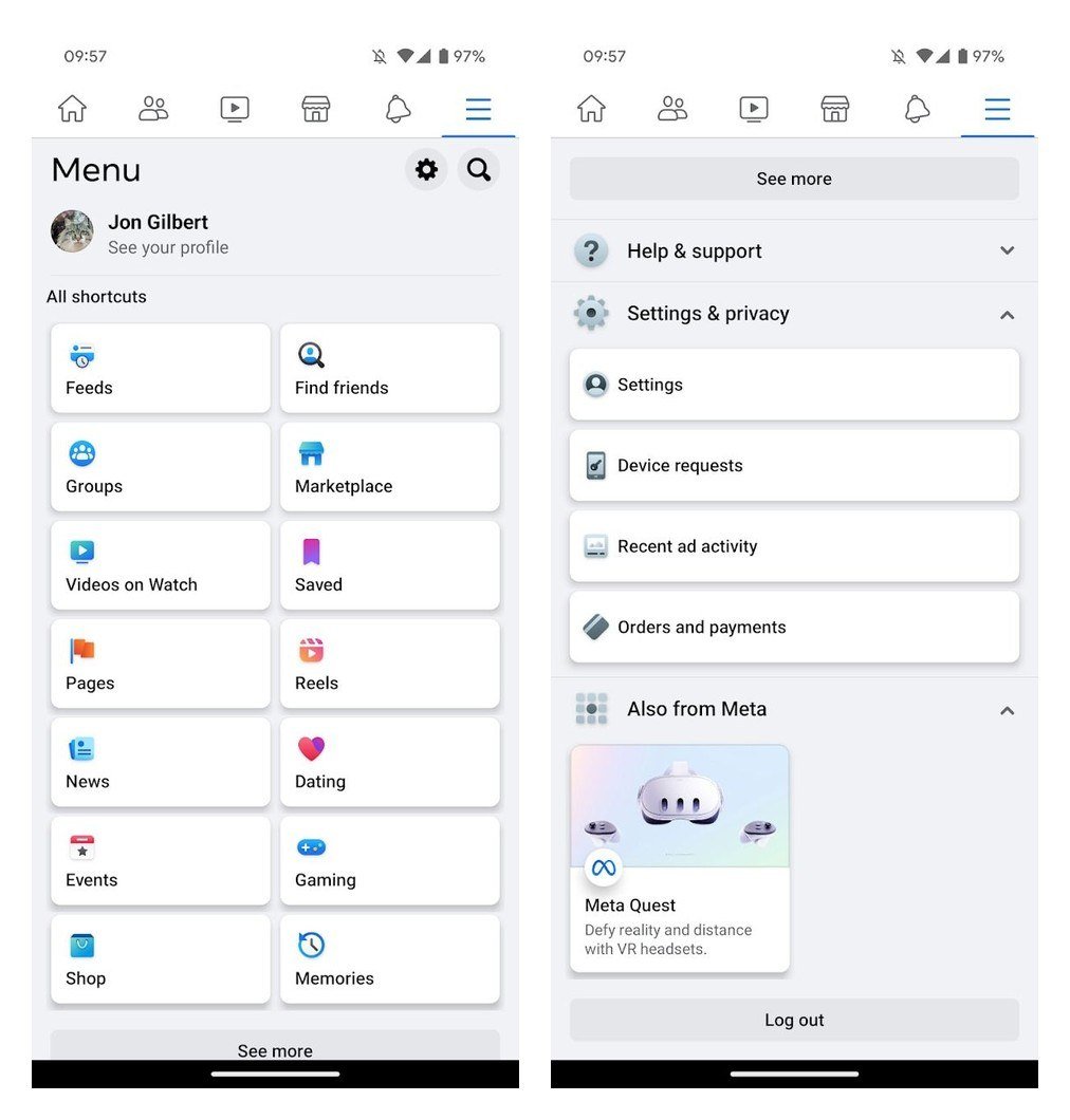 Facebook Android app Menu screen beside the expanded Settings and privacy section with Settings at the top