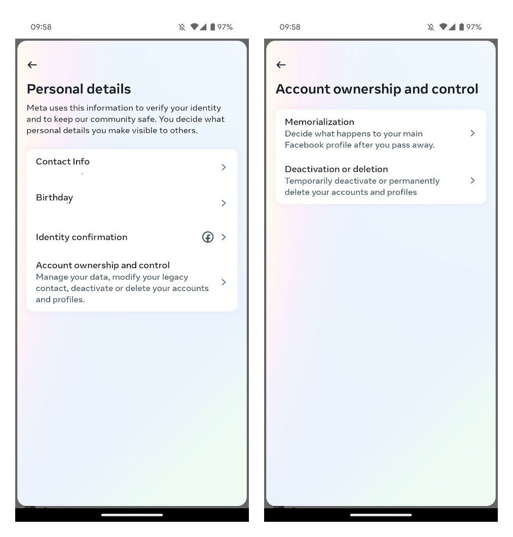 Personal details screen with Account ownership and control, beside the screen offering Memorialization and Deactivation or deletion