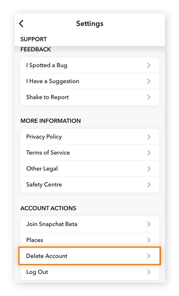 Snapchat Settings on iPhone with Delete Account highlighted under Account Actions