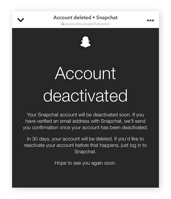 Snapchat Account deactivated confirmation page