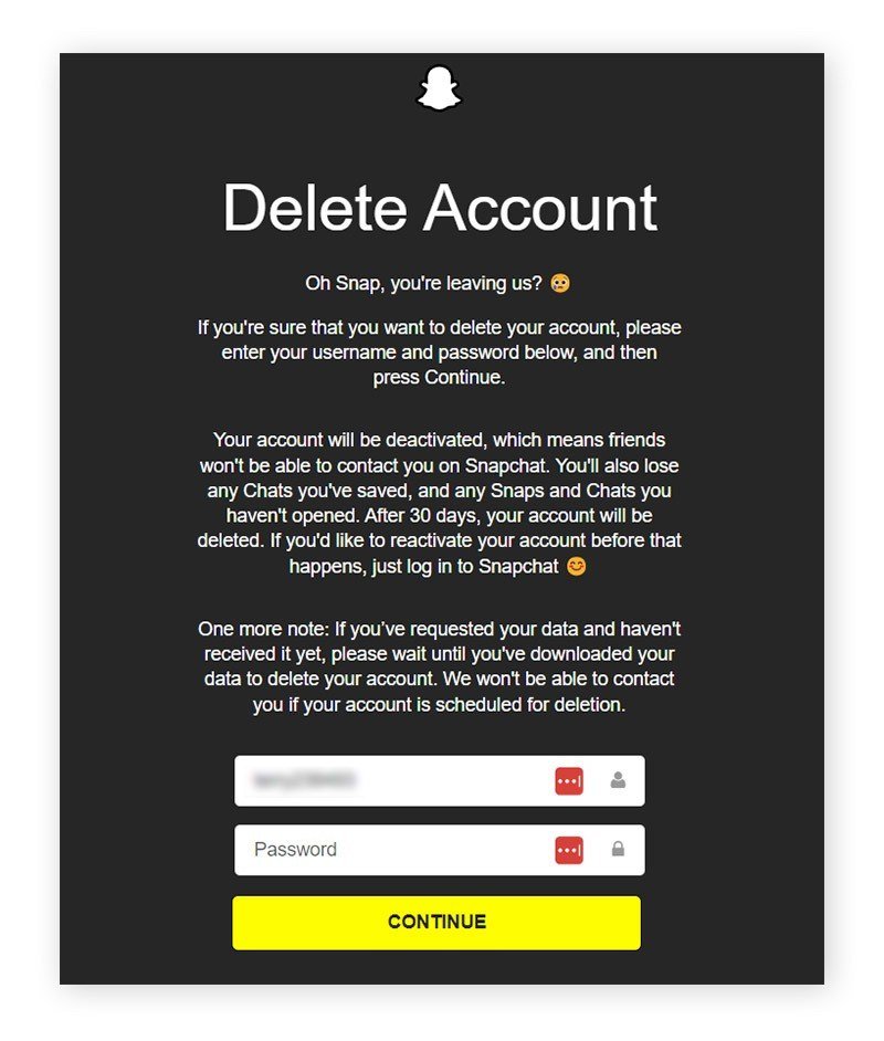 Snapchat Delete Account page asking for the username and password with a yellow Continue button