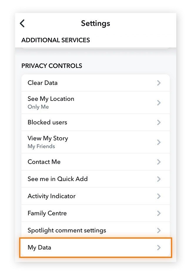 Snapchat Settings scrolled to Privacy Controls with My Data highlighted