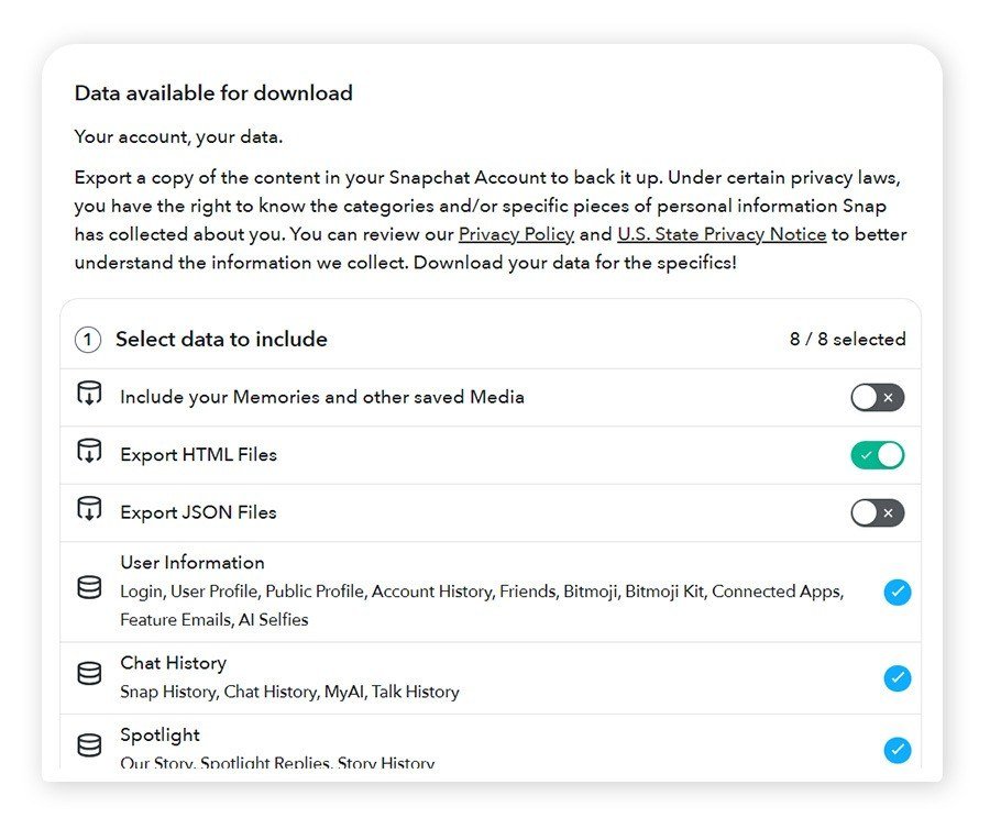 Snapchat Download My Data page with toggles for Memories, HTML and JSON exports