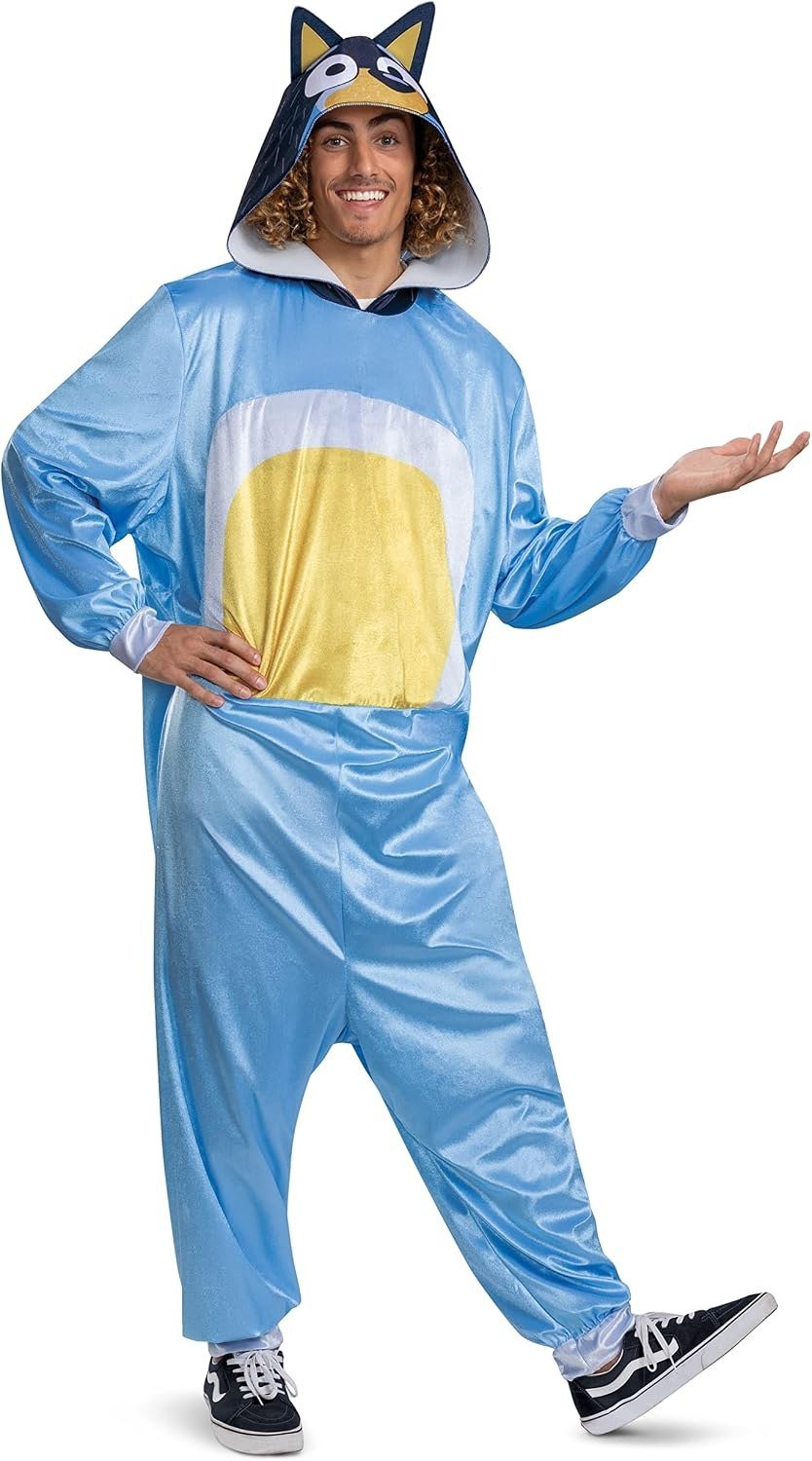 Disguise Bluey Bandit adult costume, a blue hooded jumpsuit with character hood