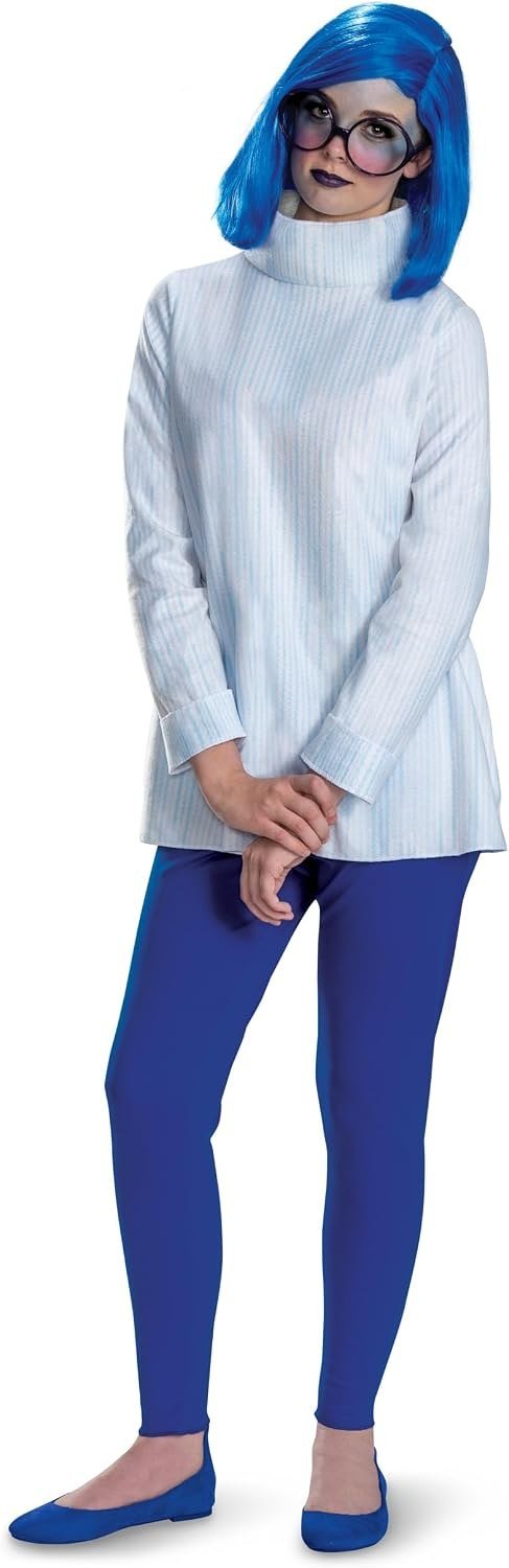 Disguise Inside Out Sadness deluxe adult costume with turtleneck tunic, blue leggings, blue wig and glasses
