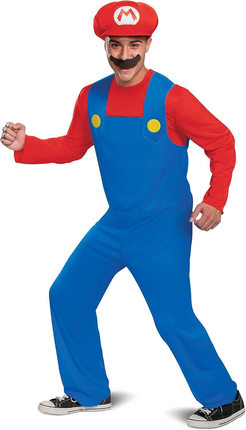 Disguise Super Mario adult costume with blue overalls, red shirt, M hat and mustache