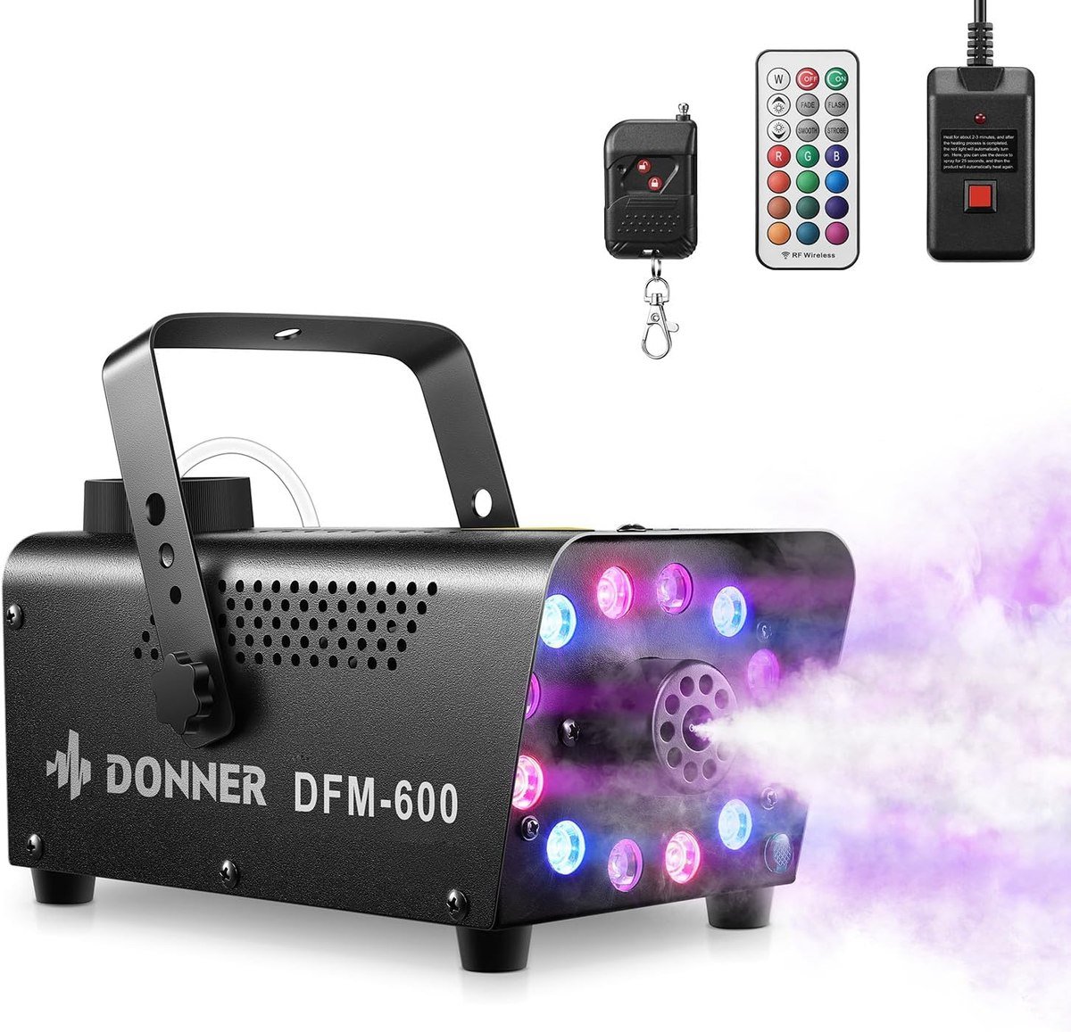 Donner DFM-600 fog machine with colored LEDs and its three remotes