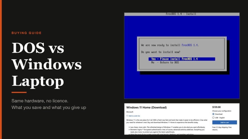 DOS vs Windows Laptop headline beside the FreeDOS 1.4 installer and the Windows 11 Home store listing