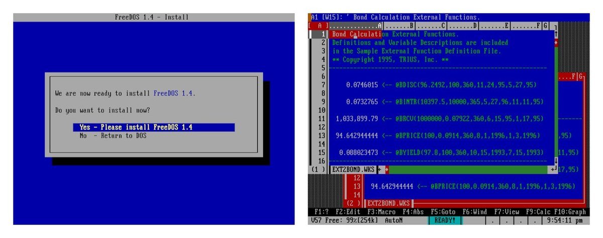 FreeDOS 1.4 installer asking to install now, beside a DOS spreadsheet program running in text mode