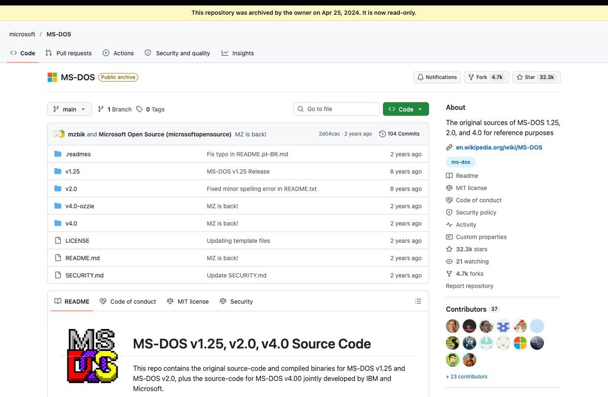 Microsoft MS-DOS repository on GitHub holding the source code for MS-DOS 1.25, 2.0 and 4.0