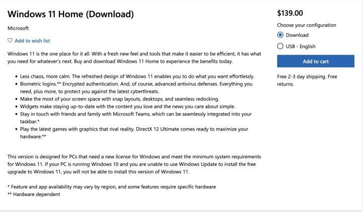 Microsoft Store US listing for Windows 11 Home (Download) priced at $139.00 with Download and USB options