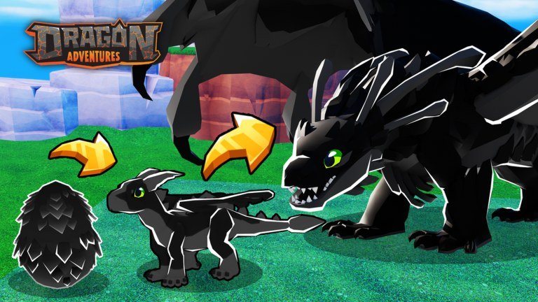 Black dragon growing from an egg to a hatchling to an adult in Dragon Adventures on Roblox