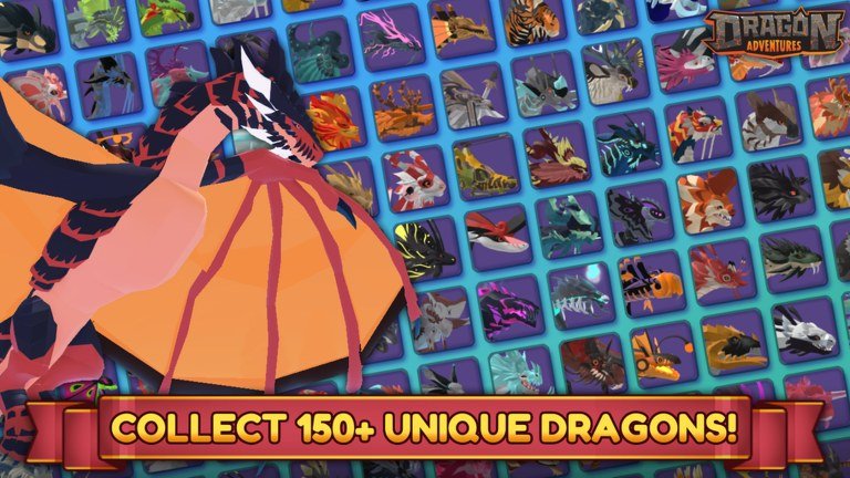 A red-winged dragon in front of a grid of over 150 collectible dragons in Dragon Adventures on Roblox