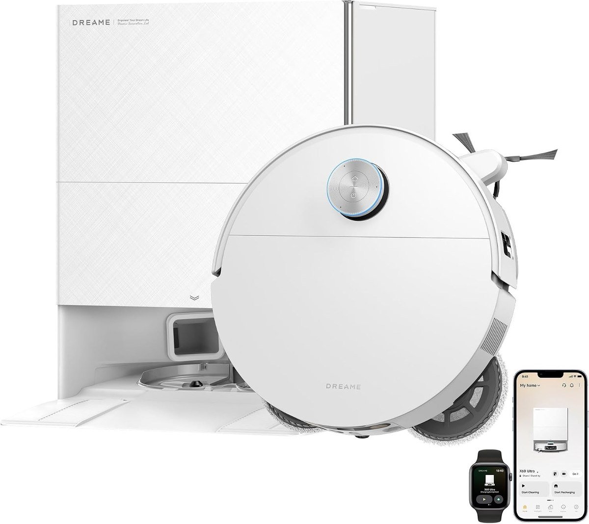 Dreame X60 Ultra robot vacuum in white with its all-in-one station