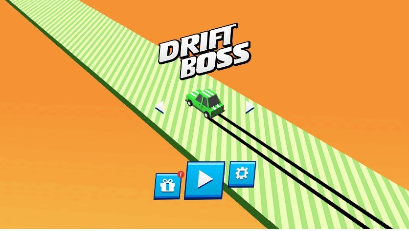 Drift Boss title screen showing a green car on a narrow drifting path