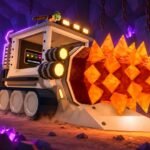 Tracked drilling machine with a glowing orange crystal bit in a Halloween cave in Drill to Earth's Core on Roblox