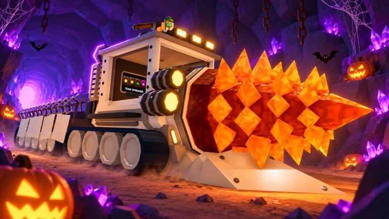 Tracked drilling machine with a glowing orange crystal bit in a Halloween cave in Drill to Earth's Core on Roblox
