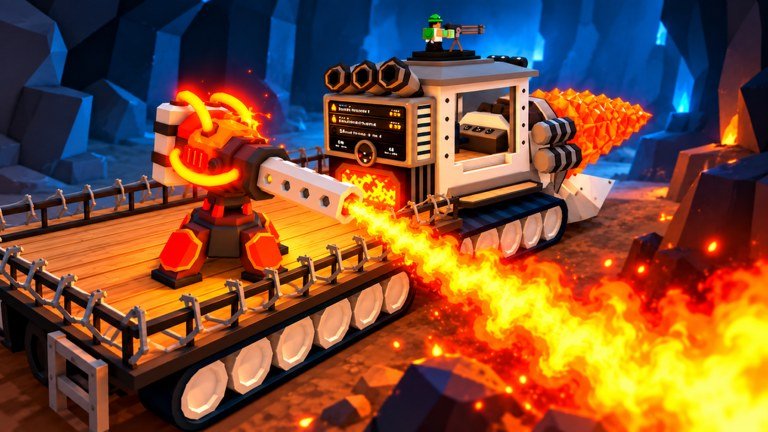 Drill to Earth's Core machine firing a flamethrower turret through a blue cave on Roblox