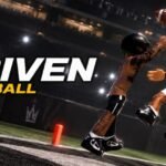 Two Driven Football players reaching for a pass under stadium lights