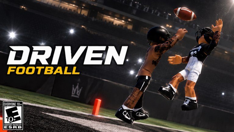 Two Driven Football players reaching for a pass under stadium lights