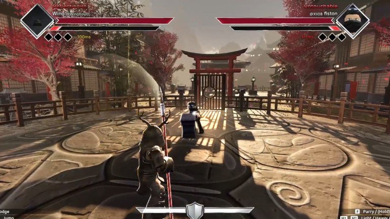 A one on one duel with health bars in a red maple village in Dueling Grounds