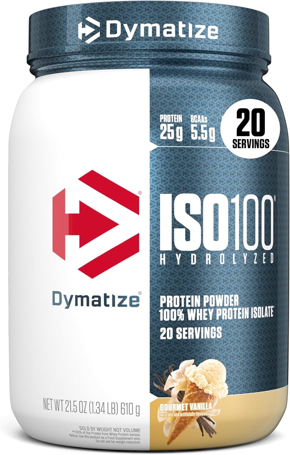 Dymatize ISO100 hydrolyzed whey protein isolate tub in Gourmet Vanilla