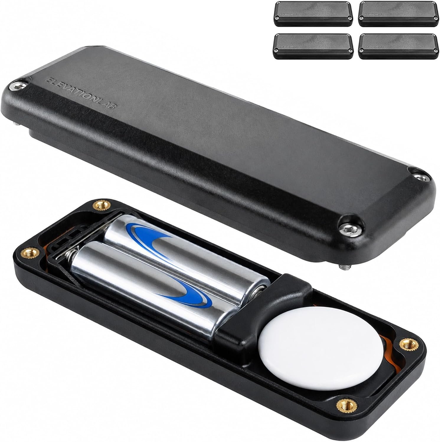 Elevation Lab AirTag 10-year extended battery case, a long black composite enclosure