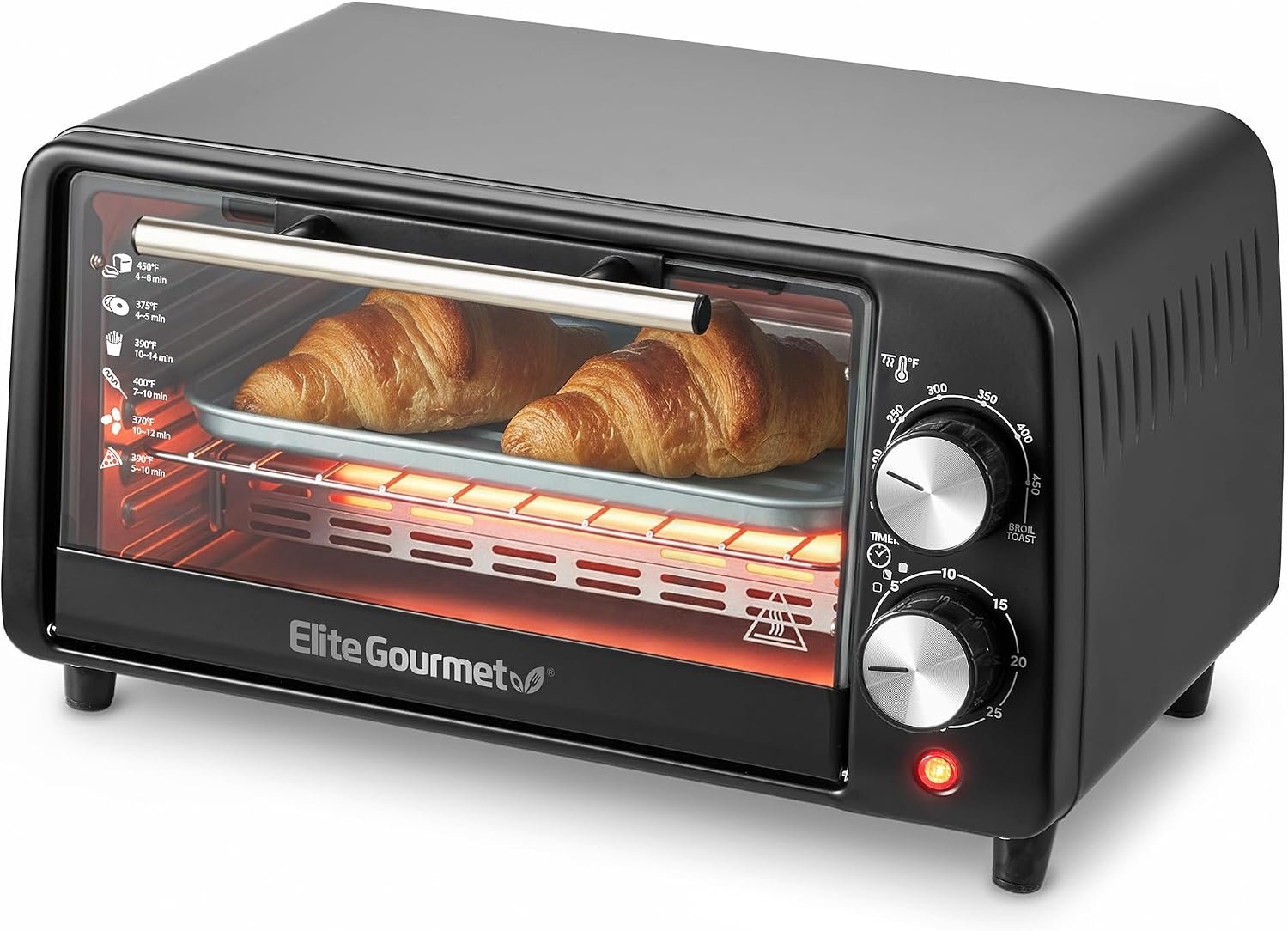 Elite Gourmet ETO449X compact 4-slice toaster oven in black with dual dials