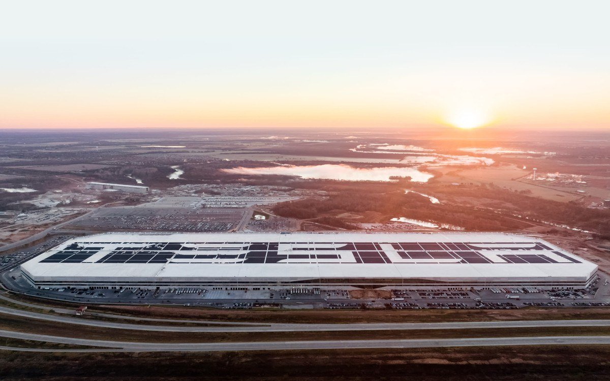Aerial view of Tesla's Gigafactory Texas at sunset