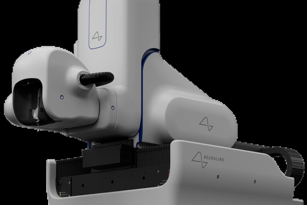 Neuralink's white surgical robot against a black background