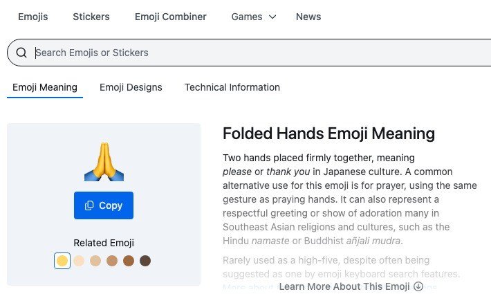 Emojipedia page for the Folded Hands emoji showing its meaning and the Emoji Designs tab