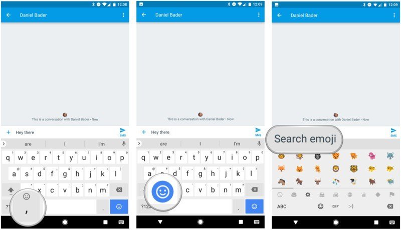 Three Gboard screens opening the emoji panel and its Search emoji field on Android