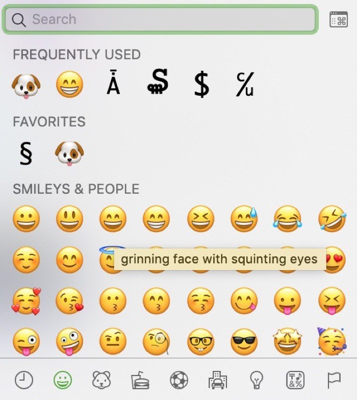 Mac Character Viewer with the pointer over an emoji and a grinning face with squinting eyes name tooltip