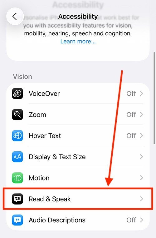 iPhone Accessibility settings with Read and Speak highlighted under Vision