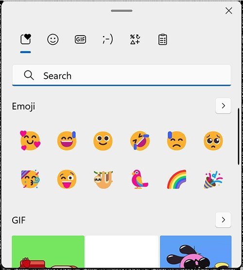 Windows 11 emoji panel with the Search box above the emoji grid