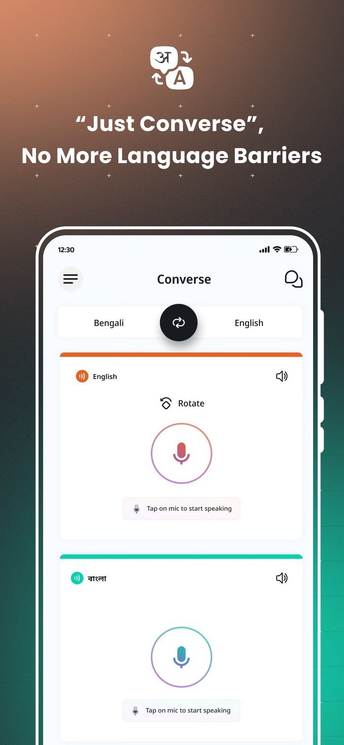 Bhashini app Converse screen for two-way spoken translation between Indian languages