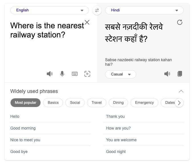 Microsoft Bing Translator showing the Hindi translation with a romanised line and a Casual tone menu