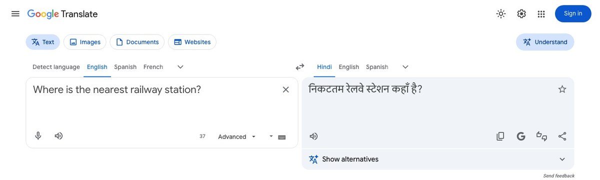 Google Translate website translating Where is the nearest railway station into Hindi