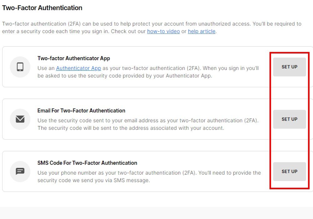 Epic Games Two-Factor Authentication page with Set Up buttons for authenticator app, email and SMS