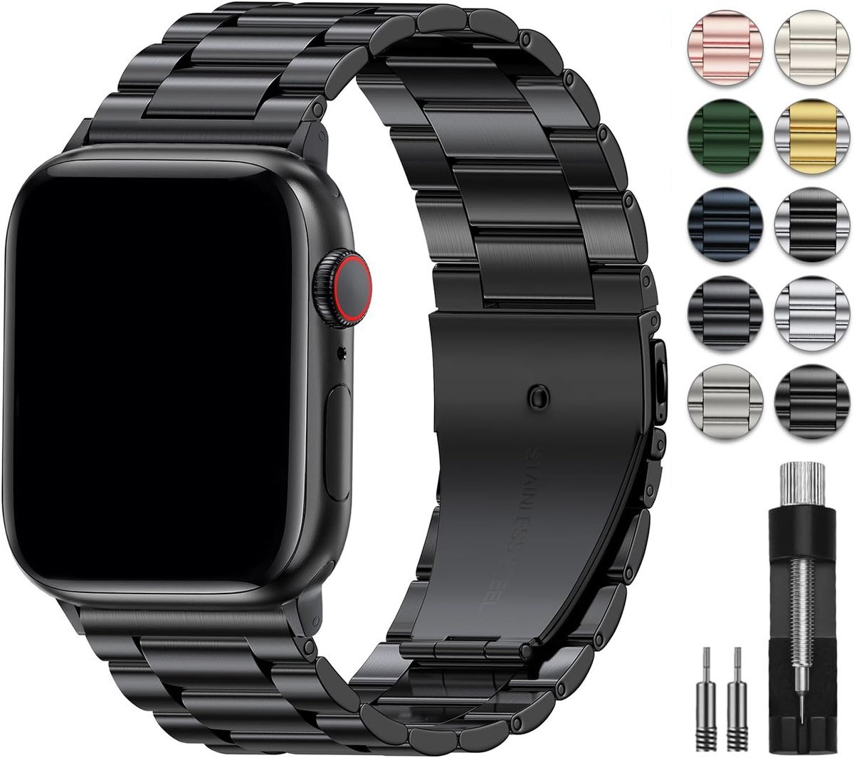 EPULY 316 stainless steel link bracelet Apple Watch band in black with link removal tool