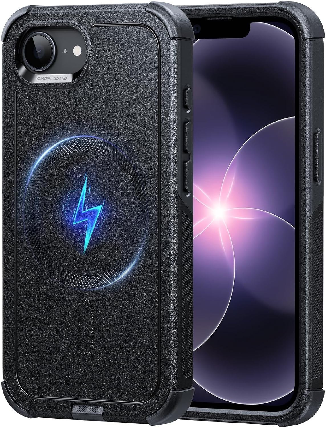 ESR Cyber Tough rugged case in black with magnet ring, front and back views
